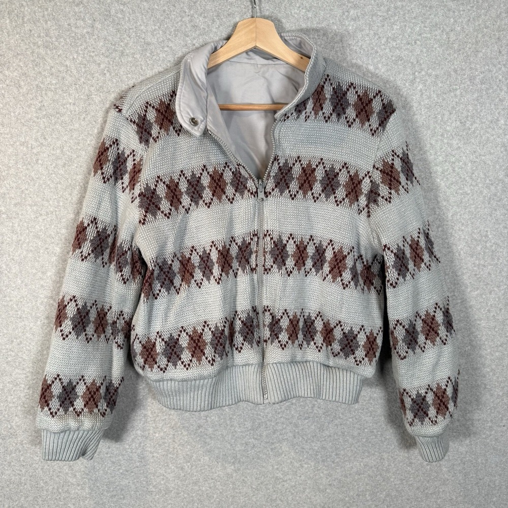 Vintage argyle jacket womens small/medium gray reversible zip up poly cotton